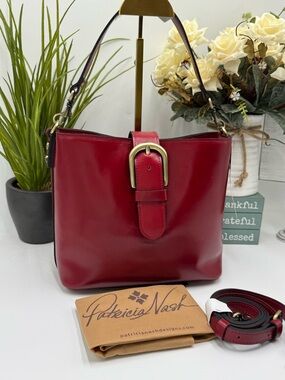 Patricia Nash Irving Bucket Bag in Berry Red Leather – Crossbody & Satchel